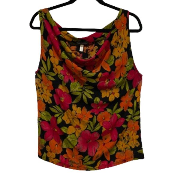 Made in Heaven Tops - Sleeveless Draped Cowl Neck Top 1X Black with Bright Flowers